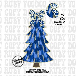 Blue Floral Christmas Tree PNG Design, Sublimation Hand Drawn Digital Download, Merry Christmas Gold Glitter DTF Printable Clip Art