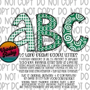 Letras Verdes e Brancas Doodle PNG Pacote Sublimação Alfabeto Pacote Mão Desenhada Alpha Pack Download Digital Futebol PNG DTF Imprimível Clip Art