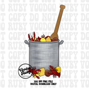 May include: A digital illustration of a large pot filled with crawfish, corn, lemons, and sausage. A wooden spoon is leaning against the pot. The pot is silver with a black rim. The background is white with a repeating pattern of text.
