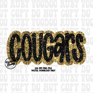 Cougars Mascot PNG Design, Sublimation Hand Drawn Digital Download, Black and Gold Football Faux Sequin Glitter DTF Printable Clip Art
