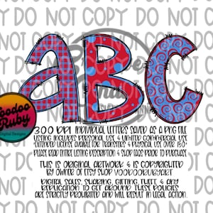 Letras de Doodle Vermelho e Azul Claro PNG Sublimação Alfabeto Desenhado à Mão Design Digital Download Sublimação Alpha Pack Bundle DTF Imprimível