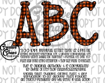 Orange and Black Doodle Letters Alphabet Bundle PNG |Plaid | Hand Drawn Alphabet | Alpha Pack Digital Download | Sublimation Blanks