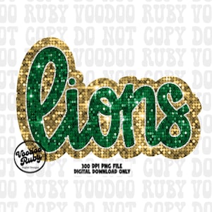 Green & Gold Lions Mascot Design: Faux Glitter PNG Patch Sublimation (Digital Download)