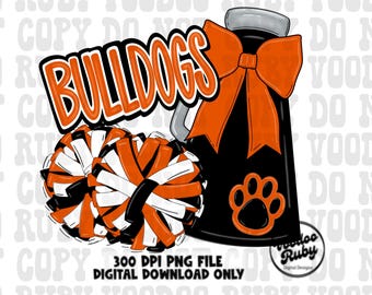 Diseño de la mascota de los Bulldogs Naranja y Negro: Megáfono dibujado a mano en formato PNG para sublimación (descarga digital).