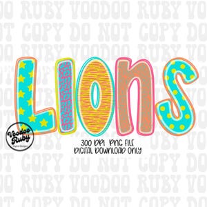 Lions PNG Mascot Design, Sublimation Hand Drawn Digital Download, Football Colorful Lions DTF Printable Mascot Clip Art