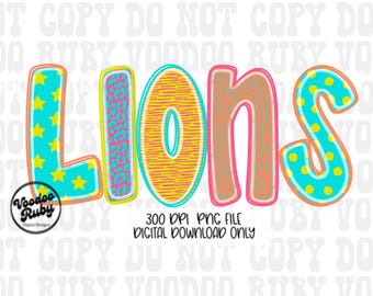 Diseño PNG de mascota de leones coloridos: Clip art de fútbol para sublimación dibujado a mano (descarga digital)