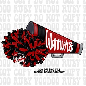 Warriors Cheer PNG: Red Black Megaphone, Pom-poms (Digital Download)