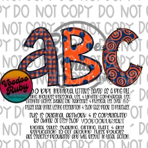 Pacote de alfabeto de letras rabiscadas PNG azul-marinho e laranja alfabeto desenhado à mão pacote alfa download digital sublimação espaços em branco DTF para impressão
