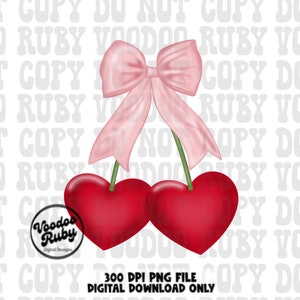 Pink Bow Heart Cherries PNG Design Sublimation Hand Drawn Digital Download Pink Bow PNG Coquette Aesthetic DTF Cherry Printable