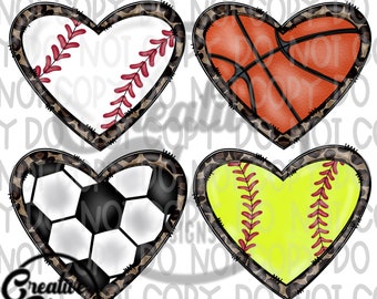 Leopard Heart Sports PNG Bundle: Baseball, Soccer, Basketball, Softball (Digital Download)