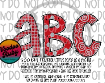 Doodle Alphabet PNG: Red Gray Hand Drawn Letters (Digital Download)