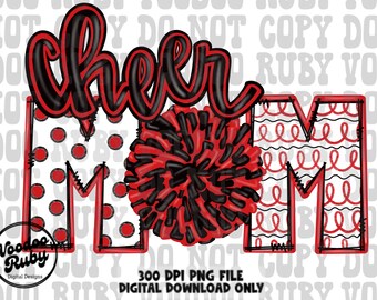 Cheer Mom PNG Design: Red & Black Cheerleader Clip Art (Digital Download)