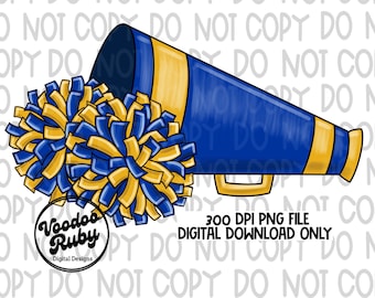 Blue & Gold Cheerleader Megaphone PNG: Hand-Drawn Clip Art (Digital Download)