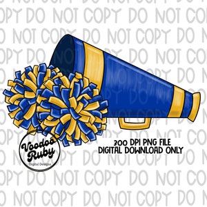 May include: A blue and gold megaphone with two blue and gold pom-poms. 300 DPI PNG FILE DIGITAL DOWNLOAD ONLY.