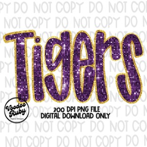 May include: The word Tigers is written in a purple glitter texture with a gold glitter outline. Below the text, a circular logo reads Voodoo Ruby Digital Designs, and the text 300 DPI PNG FILE DIGITAL DOWNLOAD ONLY is visible.