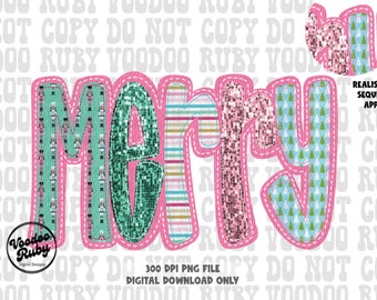 Pink Merry Christmas PNG: Faux Sequin Applique (Digital Download)