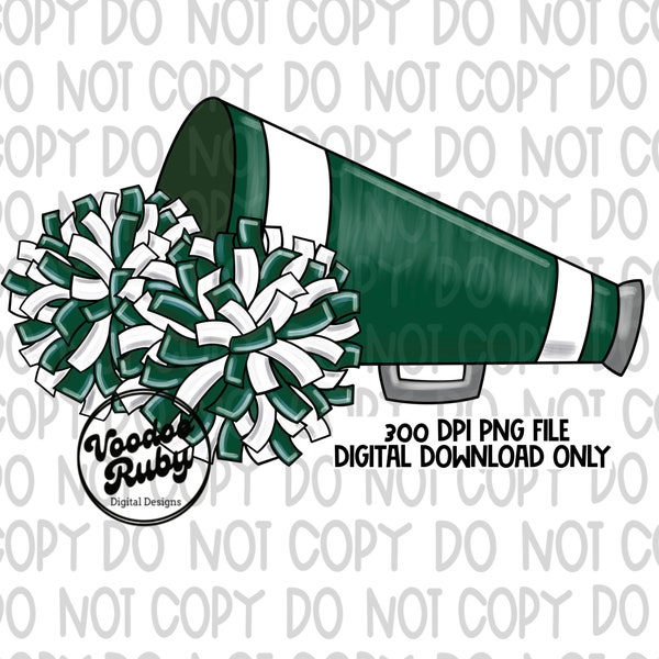 Green and Cheer PNG Design Sublimation Hand Drawn Digital Download Football PNG Cheerleader Megaphone Clip Art DTF Printable Mascot png