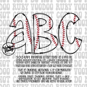 Baseball Doodle Letters PNG Sublimation Alphabet Bundle Hand Drawn Alphabet Doodle Alpha Pack Digital Download DTF Printable Clip Art