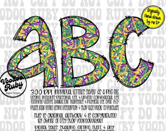 May include: Three individual letters, A, B, and C, in a black outline, filled with a pattern of green, purple, and gold Mardi Gras beads. The letters are 300 DPI and saved as a PNG file. The text "Originally Hand-drawn by me" is in a circle with a heart.