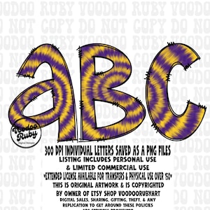 Purple Gold Tie Dye Doodle Letters, Sublimation Hand Drawn Digital Download, Football Alphabet Alpha Pack DTF Printable Clip Art