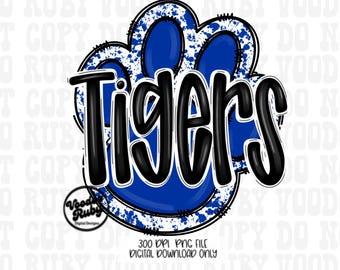 Blue and White Tigers Mascot Paw Design: Hand-Drawn PNG Sublimation Clip Art (Digital Download)