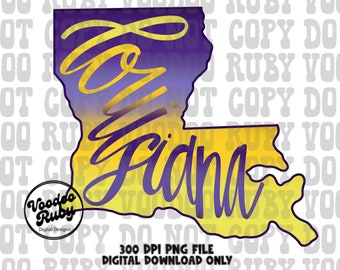 May include: A digital download of a graphic design featuring the state of Louisiana in yellow and purple with the word "Louisiana" written in a stylized font.