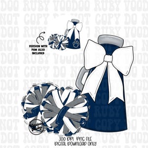 Peut inclure: Un mégaphone bleu avec un nœud blanc et deux pompons blancs et bleus. Le mégaphone a une empreinte de patte sur le côté. Le texte "VERSION WITH PAW ALSO INCLUDED" est sur l'image.