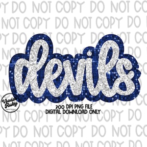 May include: A digital download of a blue and silver glitter graphic that says "devils".