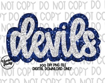 Blue and Silver Devils Mascot PNG Design: Hand-Drawn Glitter Sequins Sublimation (Digital Download)