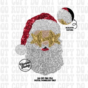 Puede incluir: Una descarga digital de un Papá Noel cubierto de purpurina con gafas de sol doradas en forma de estrella. La imagen es de 300 DPI y solo está disponible para descarga digital.