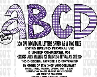 Doodle Letters PNG Alphabet Bundle Purple White Hand Drawn Alphabet Alpha Pack Digital Download Sublimation Football png DTF Printable