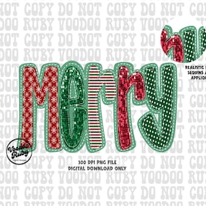 May include: A digital download of a "Merry" Christmas graphic with red, green, and white snowflake, polka dot, and striped patterns. The graphic has a glittery texture and a stitched border.