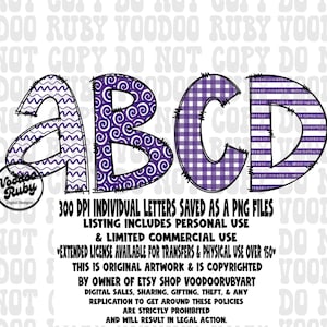 Paquete de letras PNG del alfabeto dibujado a mano en blanco y morado, paquete de letras del alfabeto, descarga digital, fútbol de sublimación, PNG, DTF, imprimible