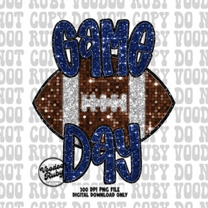 Navy Blue Game Day Football PNG Design, Sublimation Hand Drawn Digital Download, Faux Embroidery Glitter Mascot DTF Printable Clip Art