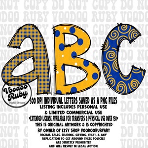 Letras de Doodle Azul Amarelo PNG Pacote de Alfabeto de Sublimação PNG Pacote Alfa Desenhado à Mão Download Digital Alfabeto Design Digital DTF Imprimível