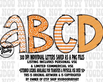 Doodle Alphabet PNG Bundle: Orange & White Hand Drawn Letters (Digital Download)