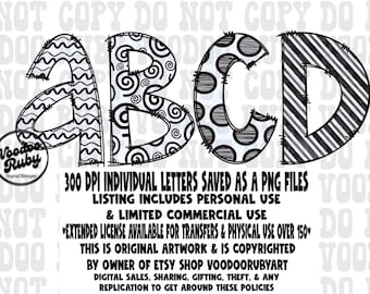 Doodle Alphabet PNG Bundle: Black White Hand Drawn Letters (Digital Download)