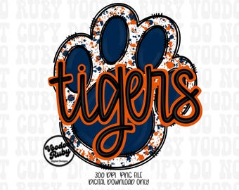 Tigers PNG Design Sublimation Hand Drawn Digital Download Sublimation Football PNG Blue Orange Tigers Paw Print DTF Printable Clip Art
