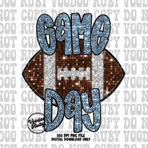 Light Blue Game Day Football PNG Design, Sublimation Hand Drawn Digital Download, Faux Embroidery Glitter Mascot DTF Printable Clip Art