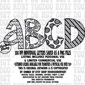 Letras Doodle Preto e Branco PNG Pacote de Alfabeto Desenhado à Mão Download Digital Doodle Alfabeto PNG Sublimação Blanks DTF Imprimível