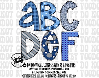 Doodle Letters PNG Alphabet: Blue Hand Drawn Alpha Pack (Digital Download)
