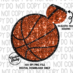 May include: Orange basketball with black lines and a glittery texture. The basketball has a realistic faux sequin design.