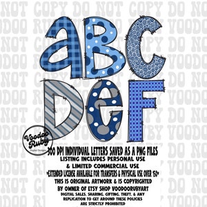 Pacote de alfabeto PNG com letras rabiscadas, PNG desenhado à mão, pacote alfa, download digital, alfabeto azul, design digital DTF para impressão