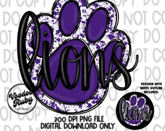 Purple Lions Mascot Paw Design: Hand-Drawn PNG Sublimation Clip Art (Digital Download)