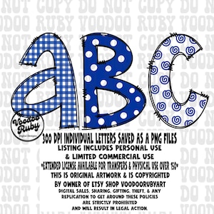 Doodle Letras PNG Alfabeto Azul Branco Pacote Desenhado à Mão Digital Download Sublimação Alfabeto PNG Alpha Pack DTF Imprimível Clip Art