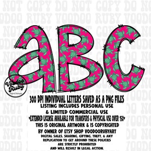 May include: Three individual letters, A, B, and C, are displayed in a pink and green color scheme. The letters are outlined in black and filled with a pattern of green sea turtles on a pink background. The text "300 DPI INDIVIDUAL LETTERS SAVED AS A PNG FILES LISTING INCLUDES PERSONAL USE & LIMITED COMMERCIAL USE EXTENDED LICENSE AVAILABLE FOR TRANSFERS & PHYSICAL USE OVER 150" is displayed below the letters. The text "THIS IS ORIGINAL ARTWORK & IS COPYRIGHTED BY OWNER OF ETSY SHOP VOODOORUBYART DIGITAL SALES, SHARING, GIFTING, THEFT, & ANY REPLICATION TO GET AROUND THESE POLICIES ARE STRICTLY PROHIBITED AND WILL RESULT IN LEGAL ACTION." is displayed below the text.