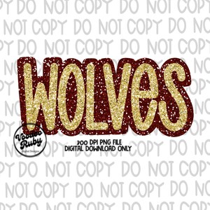 May include: Gold glitter "WOLVES" text with a maroon outline. The text is on a white background.
