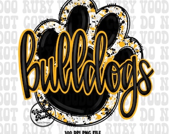 Mascotte Bulldogs Nero, Giallo e Oro con Zampa: Clip Art PNG disegnata a mano per sublimazione (Download digitale)