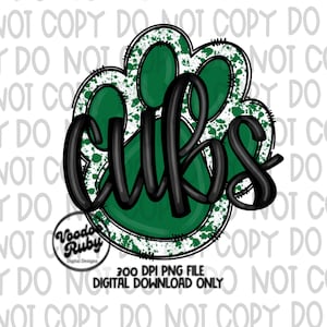 Cubs PNG Design Sublimation Hand Drawn Digital Download Football PNG Green Cubs Paw Print DTF Printable Mascot png Clip Art