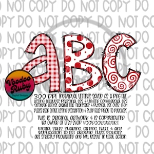 Paquete de letras PNG del alfabeto dibujadas a mano, rojo y blanco, descarga digital, sublimación, archivos DTF imprimibles